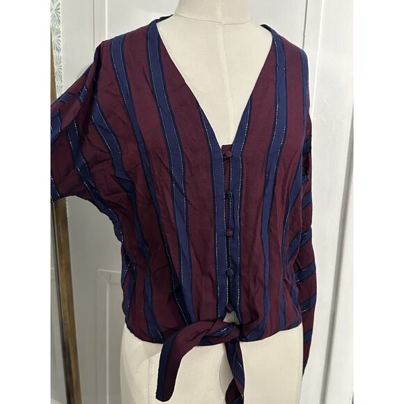 Rails Sloane Blouse in Janeiro Stripe Burgundy Navy Metallic V Neck XS - Picture 7 of 10